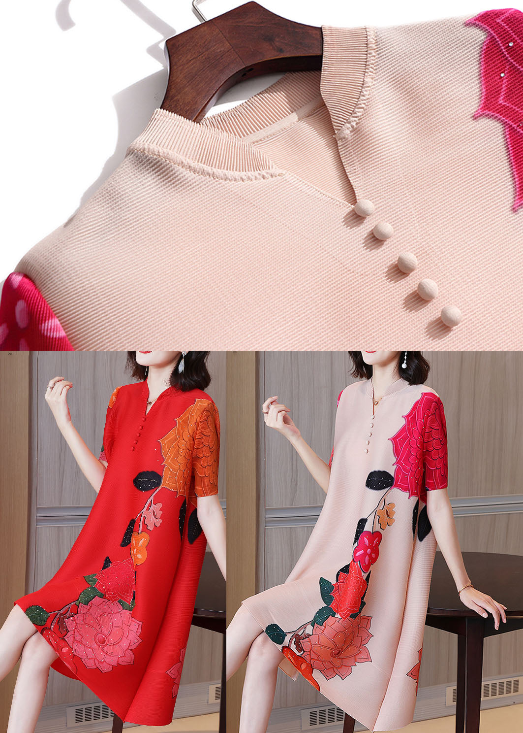 Red Stand Collar Button Print Wrinkled Silk a Line Dress Short Sleeve
