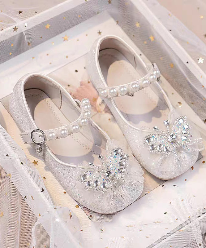 Silvery Pearl Zircon Faux Leather Buckle Strap Kids Flat Shoes