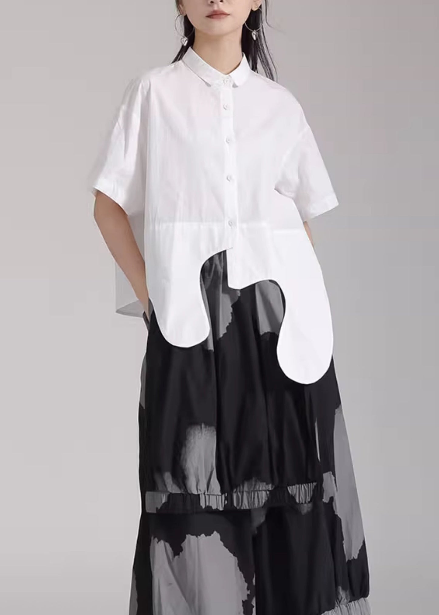 White Asymmetrical Patchwork Cotton Shirts Top Summer
