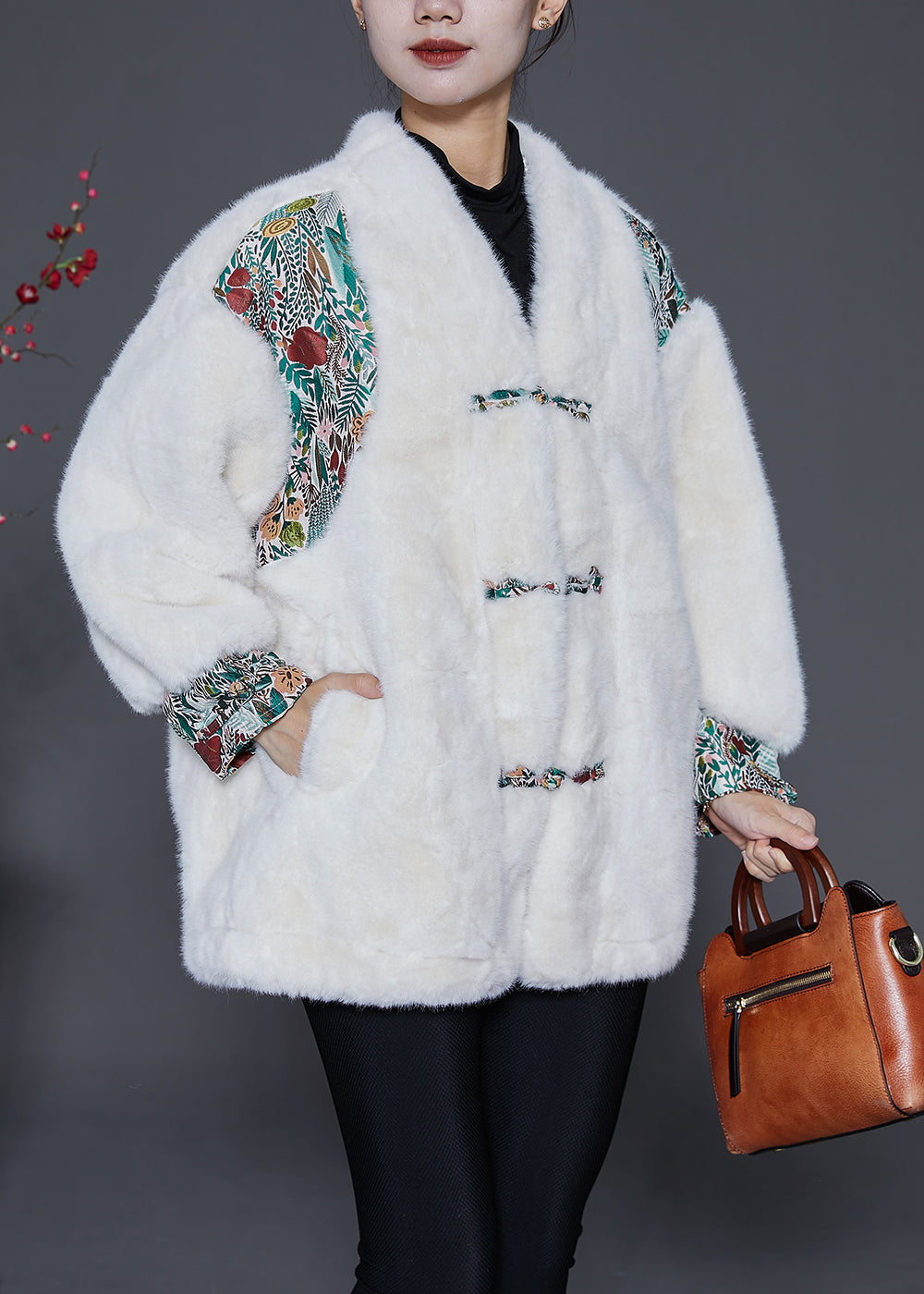 White Oversized Patchwork Chinese Button Faux Fur Jacket Winter