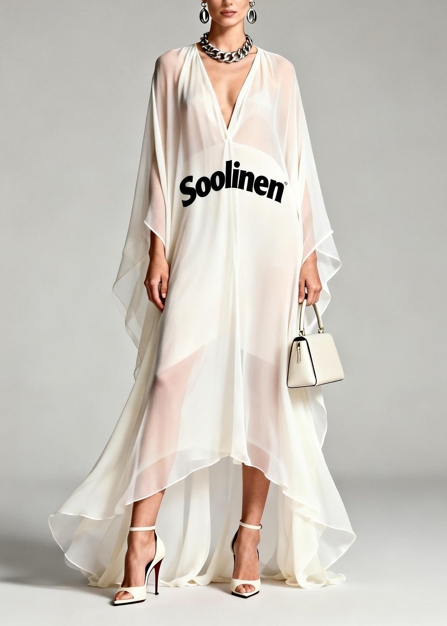 White V Neck Print Asymmetrical Chiffon Robe Dresses Summer