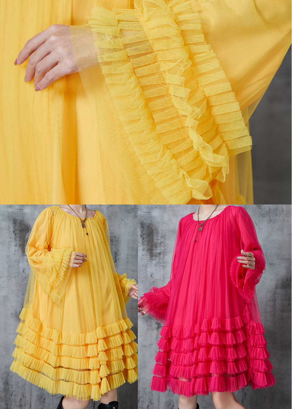 Yellow Oversized Ruffled Tulle Maxi Dresses Spring