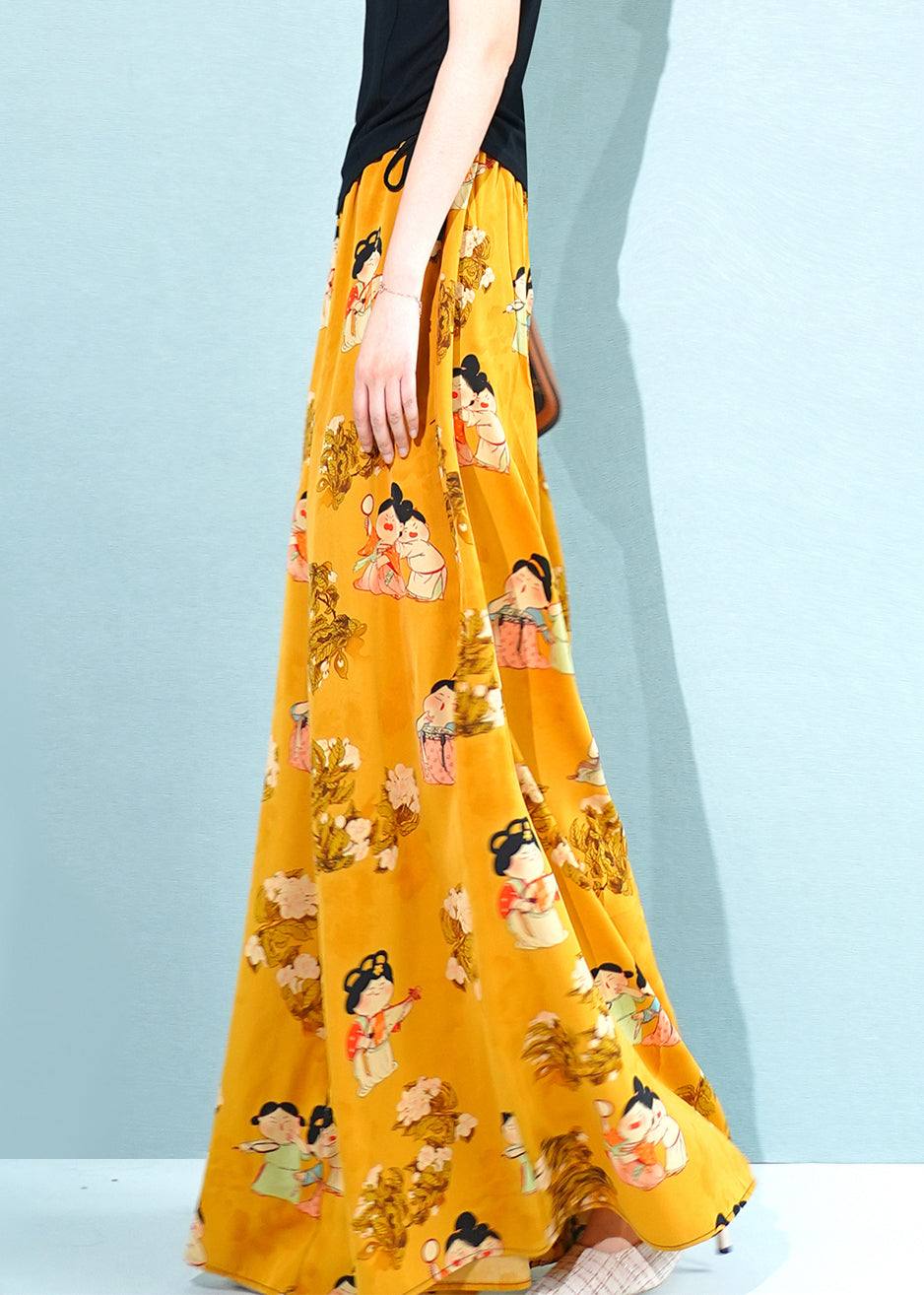 Yellow Print Pockets Oversized Chiffon Pants Skirt Summer