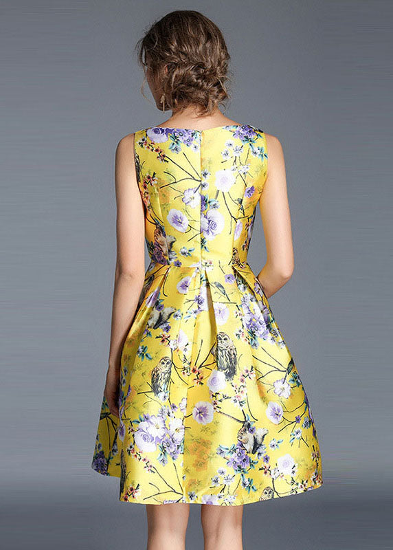 Yellow Print Wrinkled Patchwork Cotton Mid Dress Sleeveless