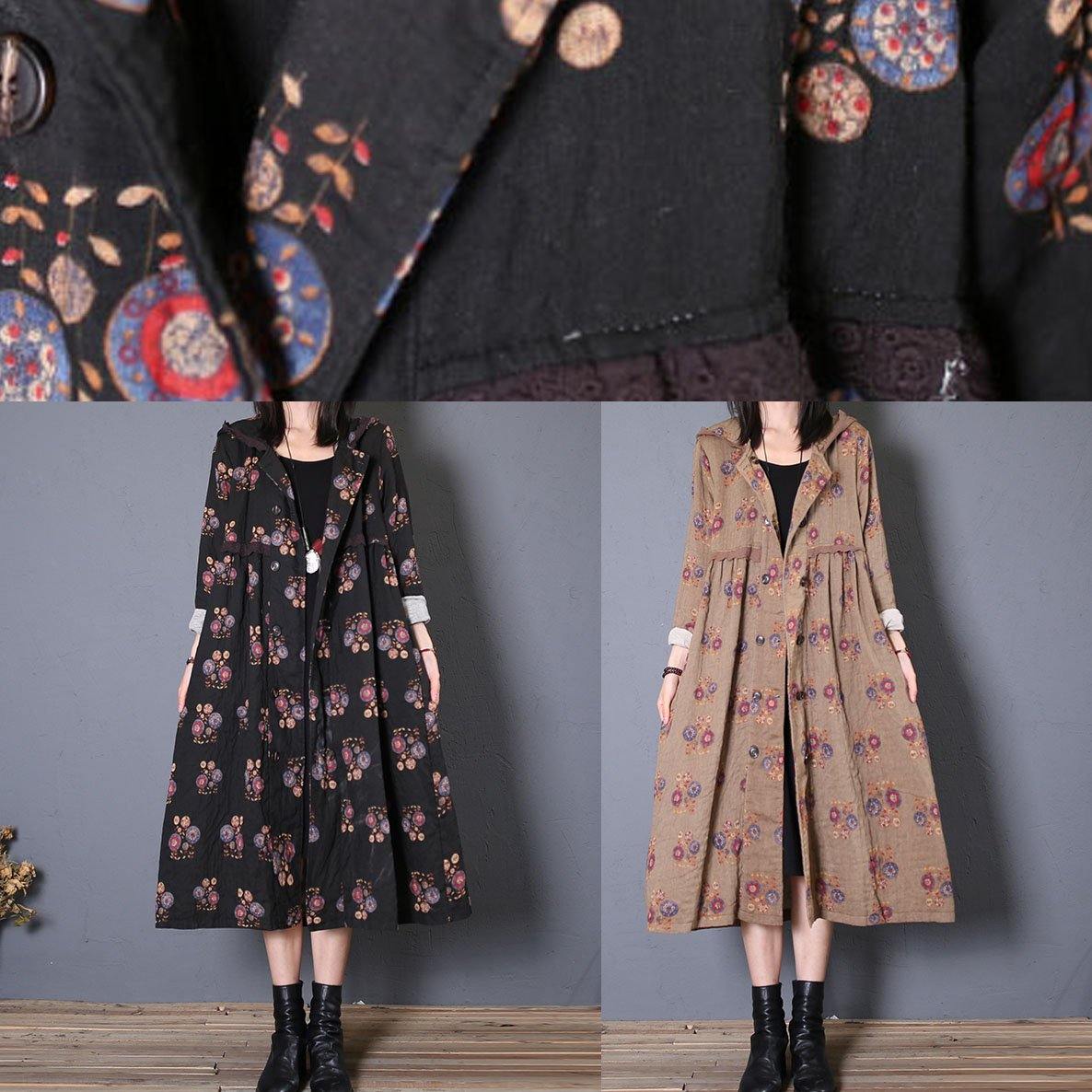 Oversized Coat Fall Khaki Print Hooded Cinched Coats