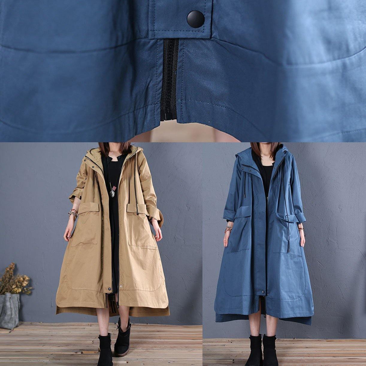 Fall Blue Hooded Coats Low High Design Overcoat