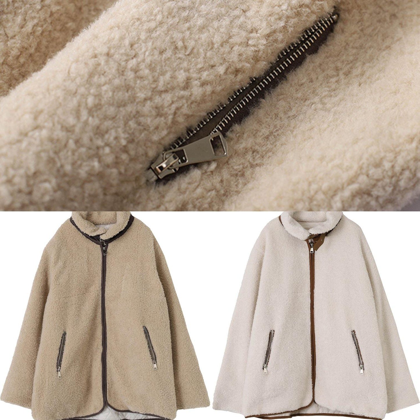 White Wool Coat for Woman Loose Fitting Coats Zippered Lapel Jackets
