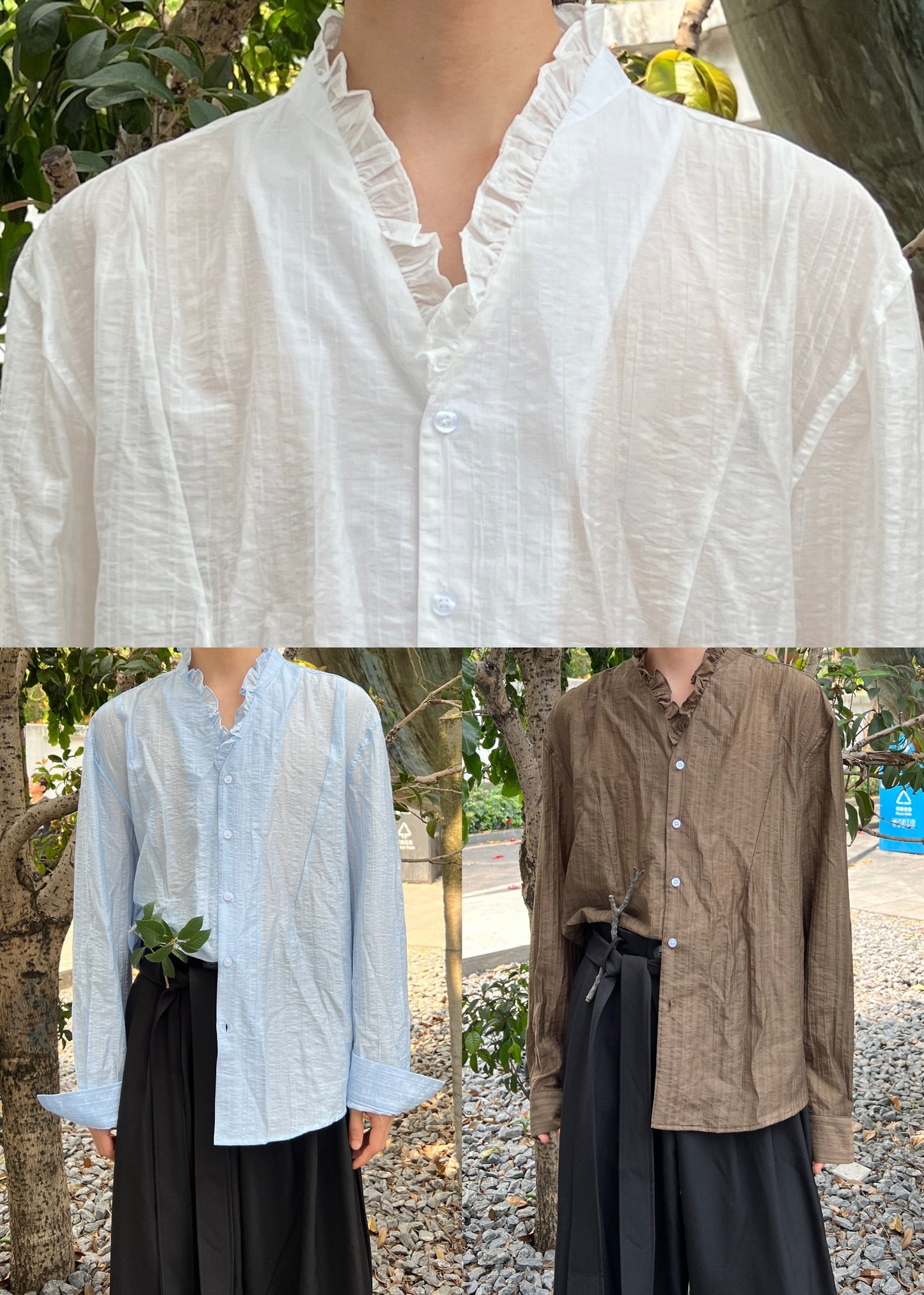 Fine Coffee V Neck Button Solid Cotton Men Shirts