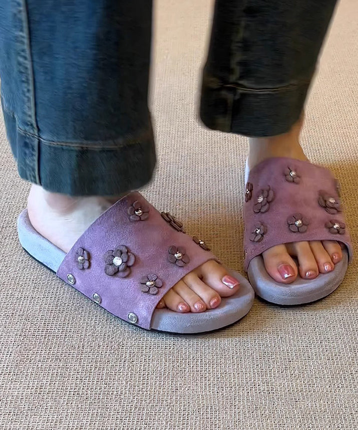 Fine Splicing Purple Suede Slide Sandals Peep Toe