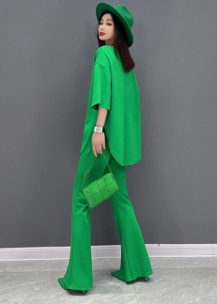 Fine Green O-neck Side Open Letter Print Cotton Tanks and Flare Pants Two-piece Set Summer