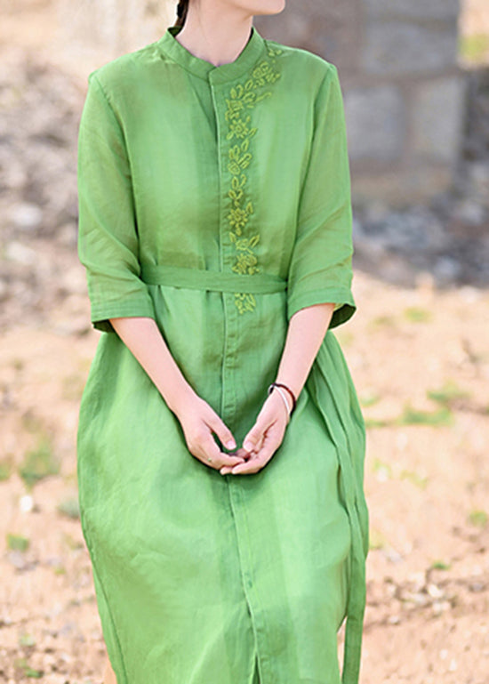 Fine Green Stand Collar Tie Waist Embroideried Linen Party Dress Half Sleeve