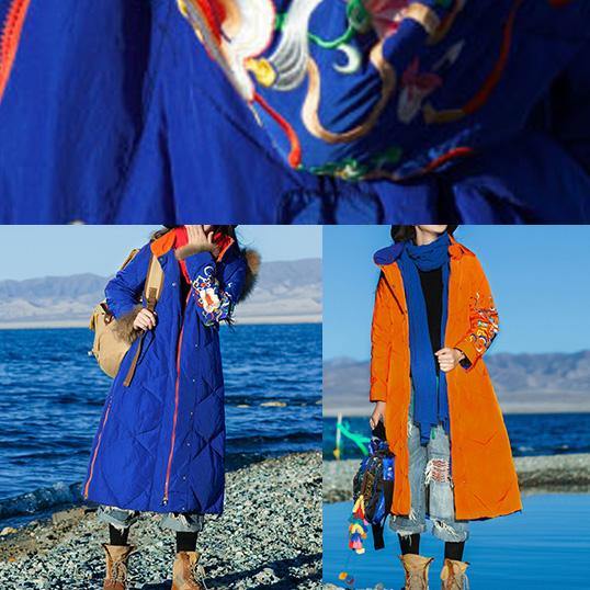 Fine Loose Fitting Winter Jacket Hooded Jackets Blue Side Open Zippered Warm Winter Coat