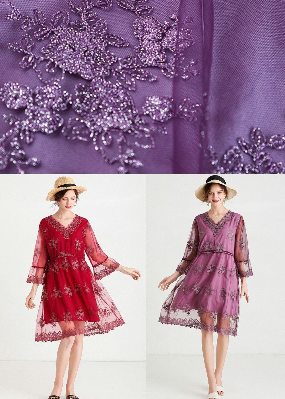 Fine Mulberry V Neck Jacquard Spring Three Quarter Sleeve Dress