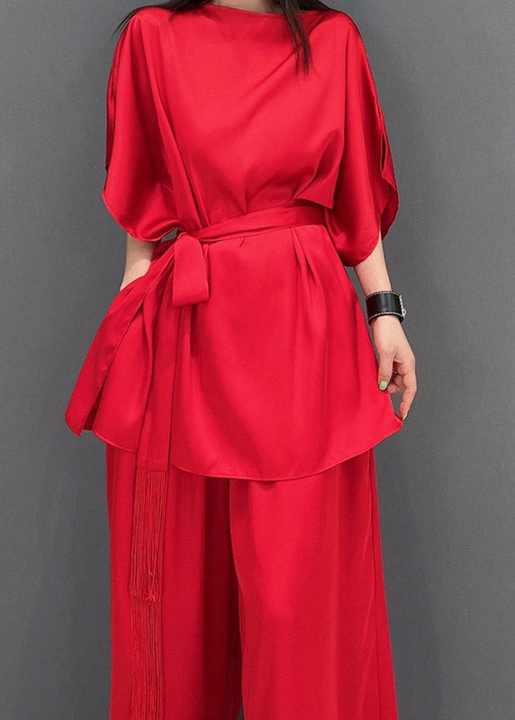 Fine Red Slash Neck Top and Long Pants Two Piece Set Summer