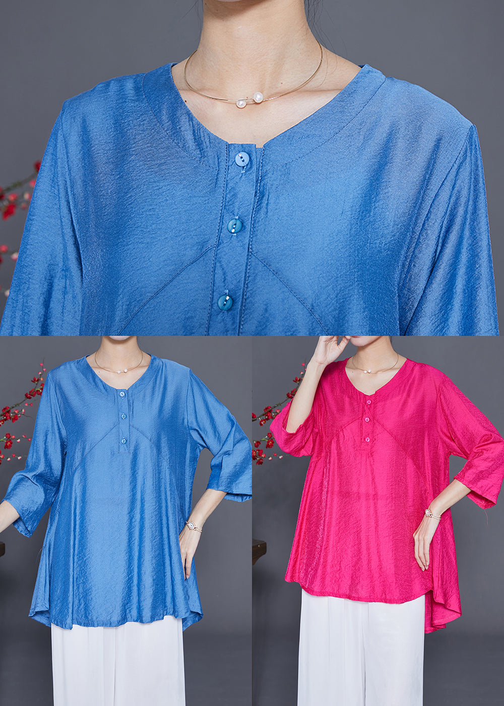 Fine Rose O-neck Patchwork Silk Shirt Tops Bracelet Sleeve