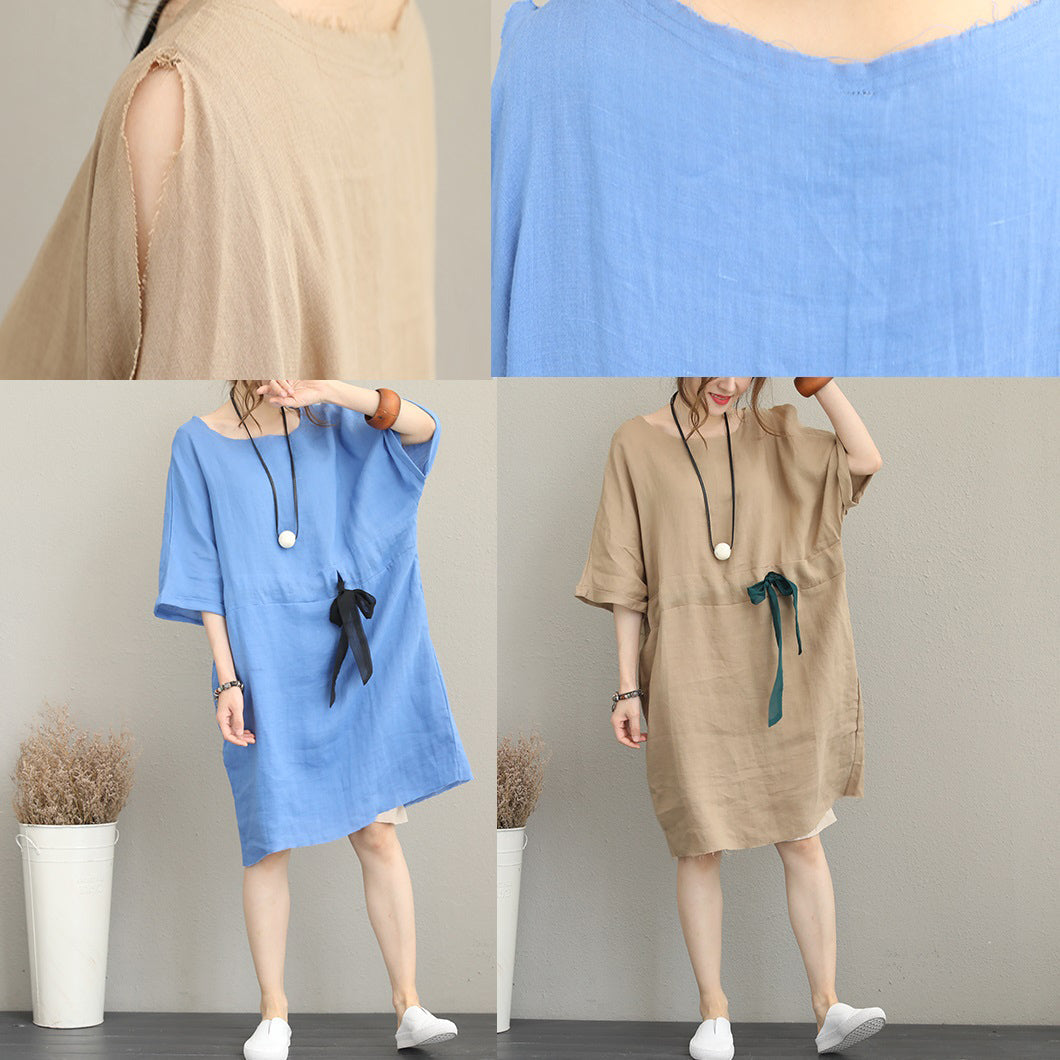 Fine Blue Midi-length Linen Dress Oversize Linen Clothing Dress Fine Waist Drawstring Bracelet Sleeved Knee Dresses
