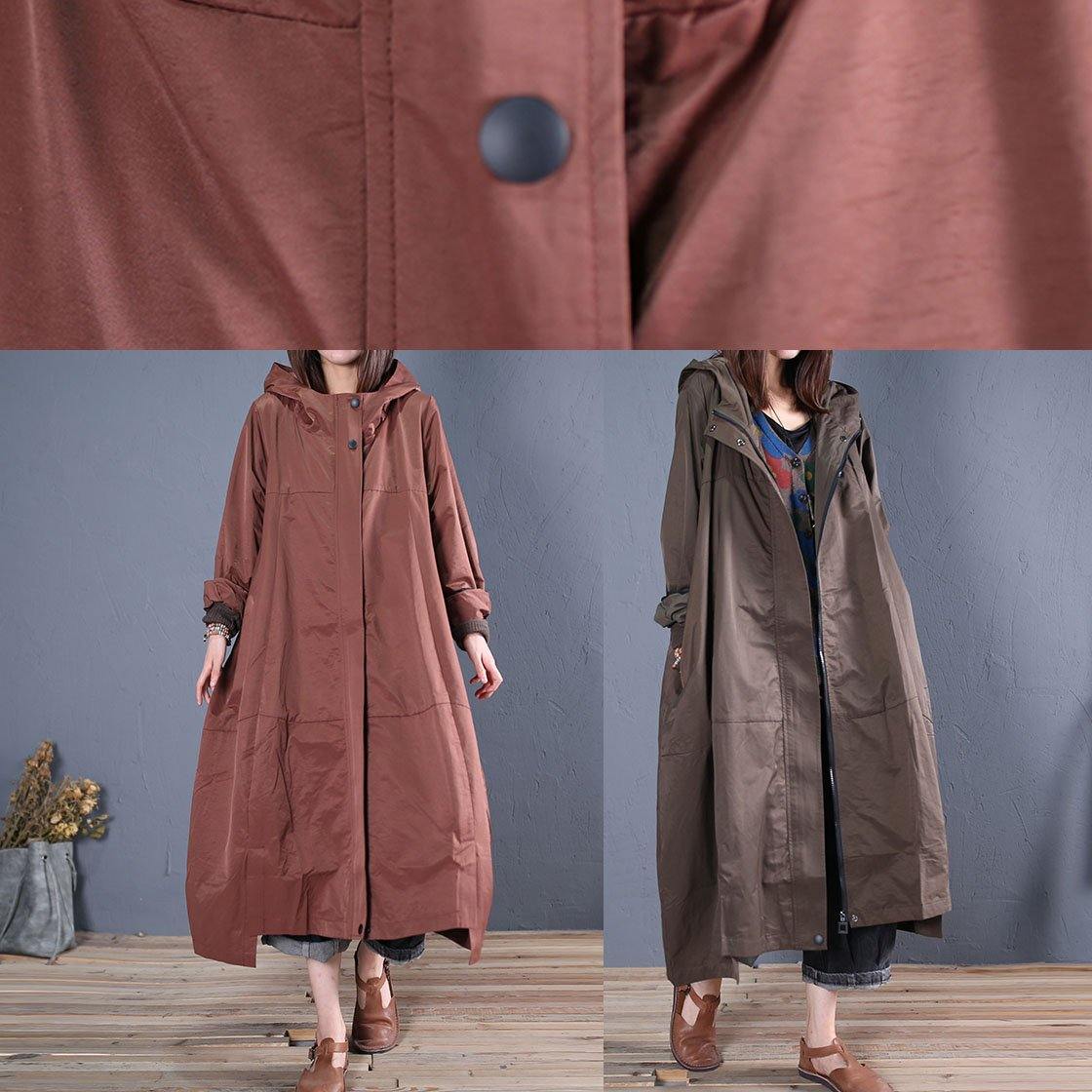 Fine Long Fall Brown Hooded Zippered Overcoat