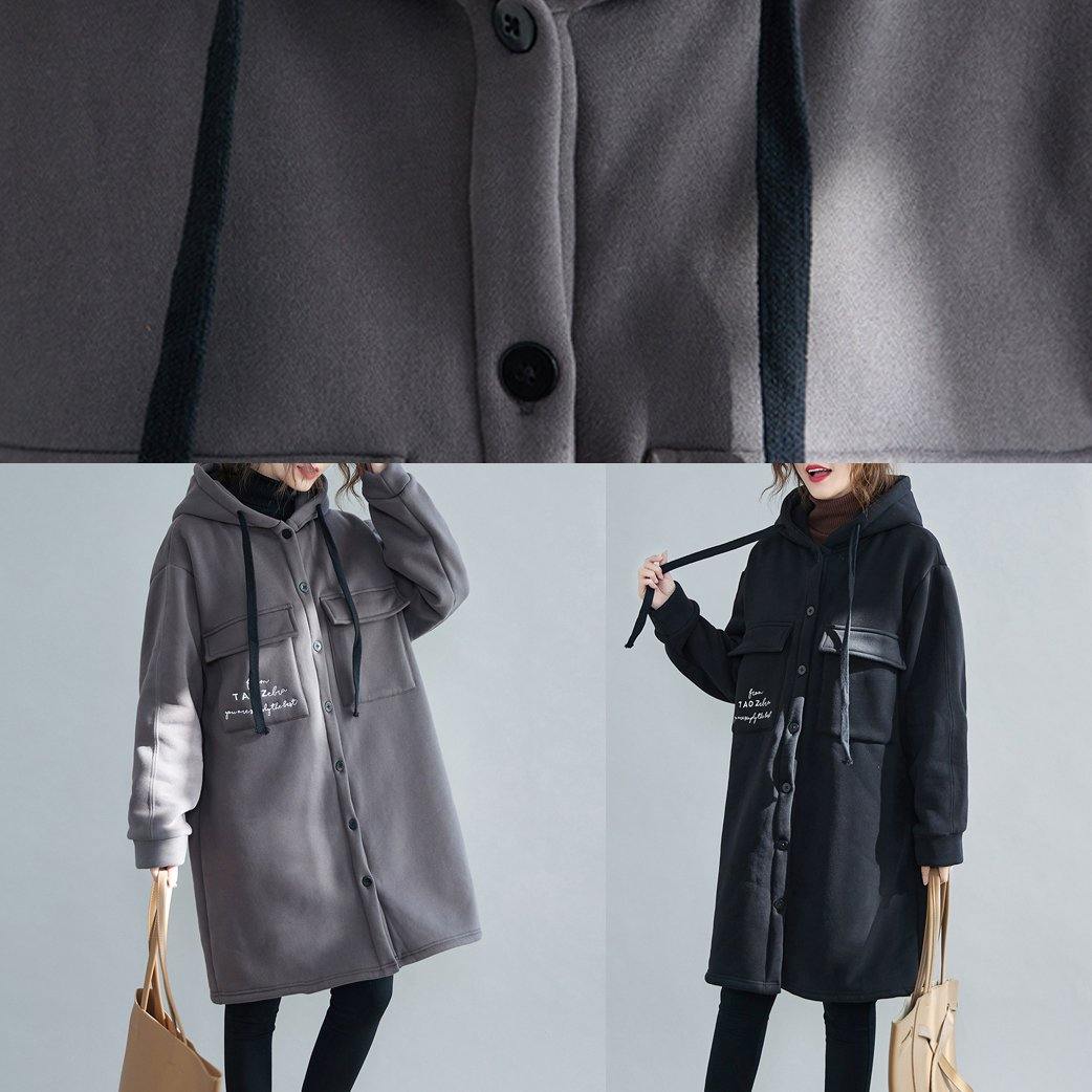 Fine Gray Embroidery Parka Oversize Winter Jacket Hooded Pockets Outwear