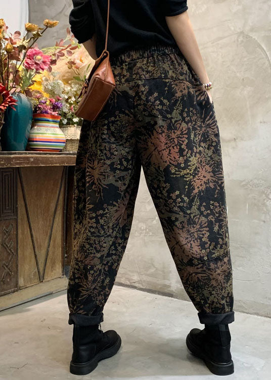 Fitted Black Cinched Print Denim Pants Winter
