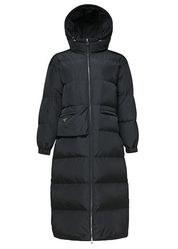 Fitted Black Hooded Pockets Thick Winter Duck Down Coat