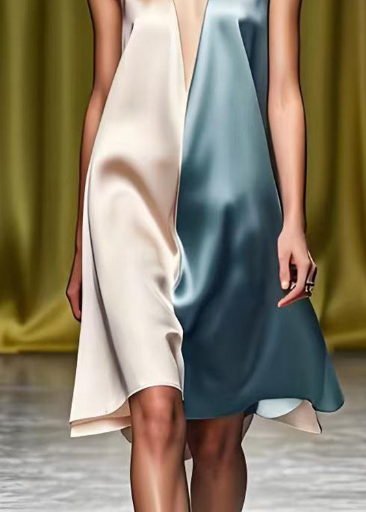 Fitted Colorblock Deep-v Neck Patchwork Silk Mid Dress Summer