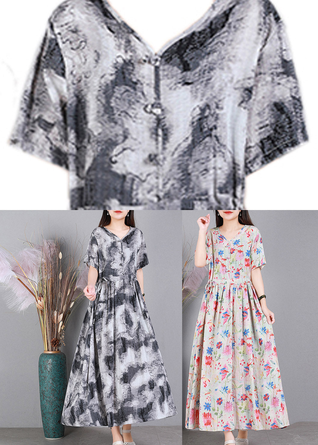 Colour V Neck Print Wrinkled Linen Dress Short Sleeve
