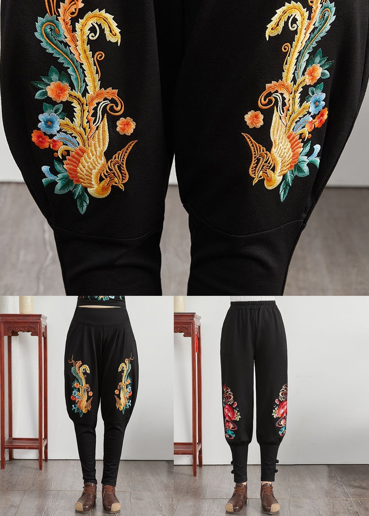 Patchwork Elastic Waist Pockets Cotton Harem Pants