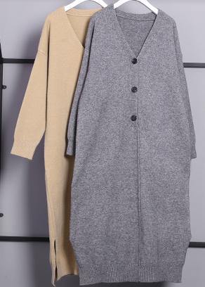 For Spring Gray Sweater Outfits V Neck Side Open Funny Knitwear