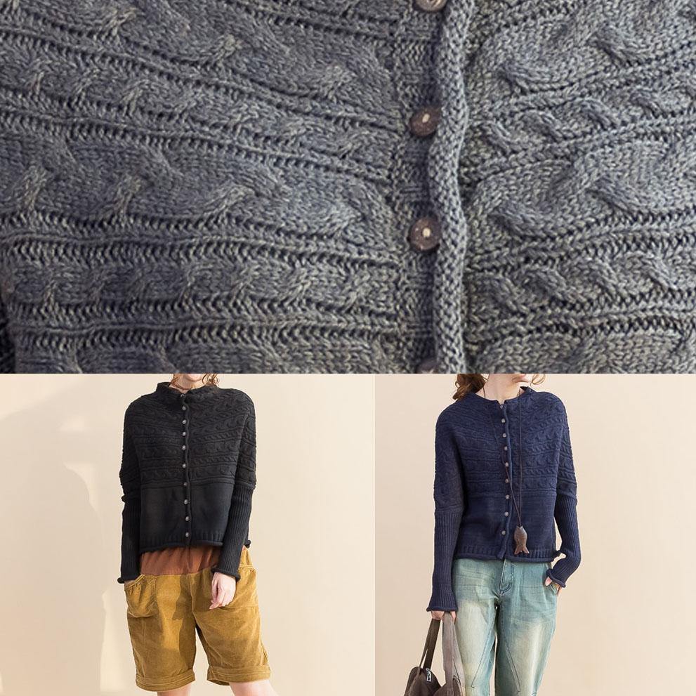For Work Dark Blue Loose Fitting Fall Knitwear O Neck Button Down Tops