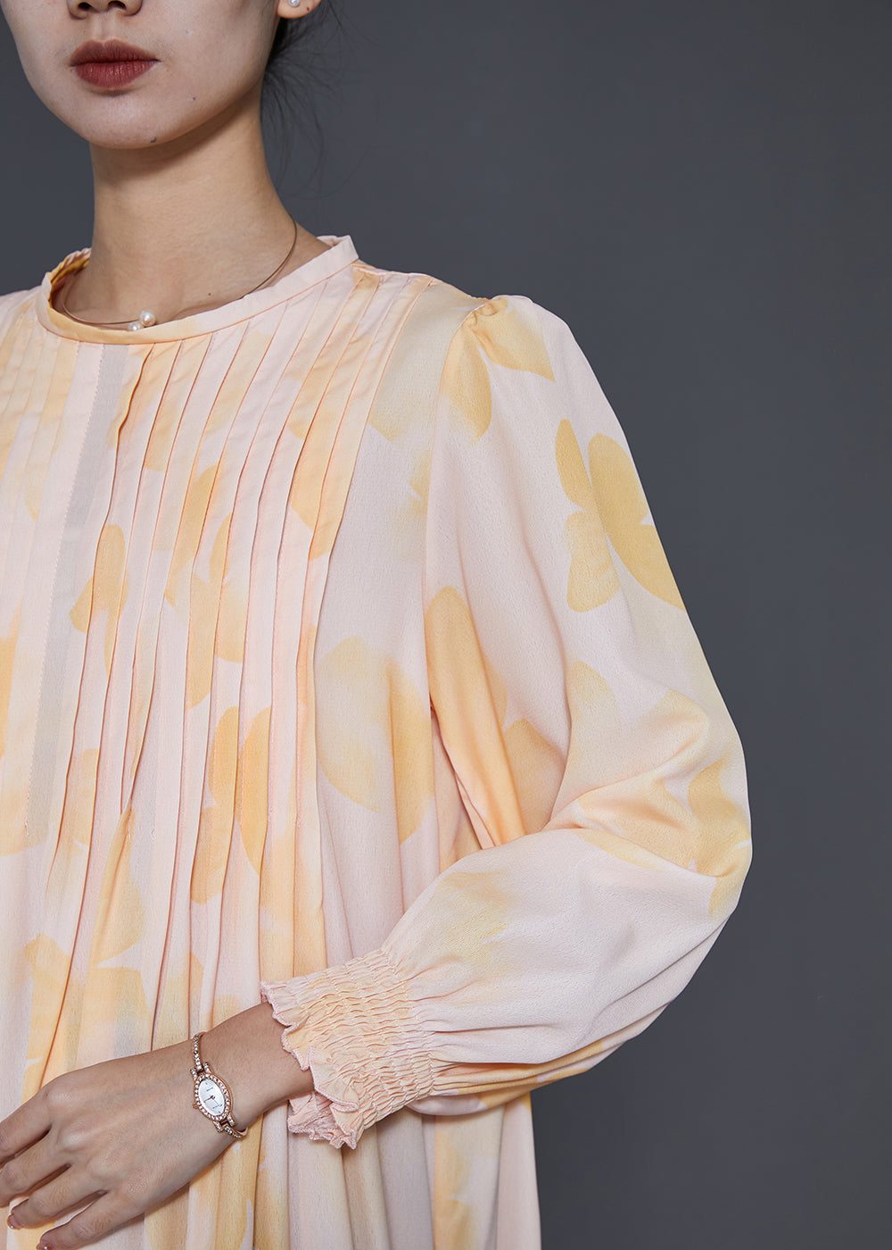 French Apricot Wrinkled Chiffon Dresses Spring