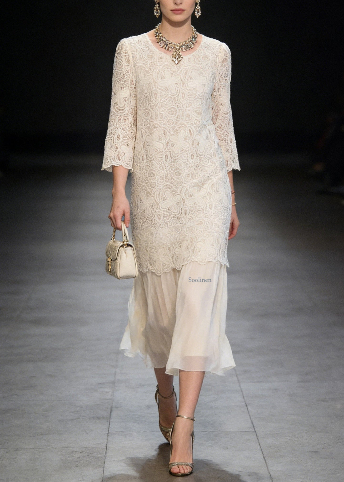 French Beige O Neck Patchwork Lace Dresses Summer