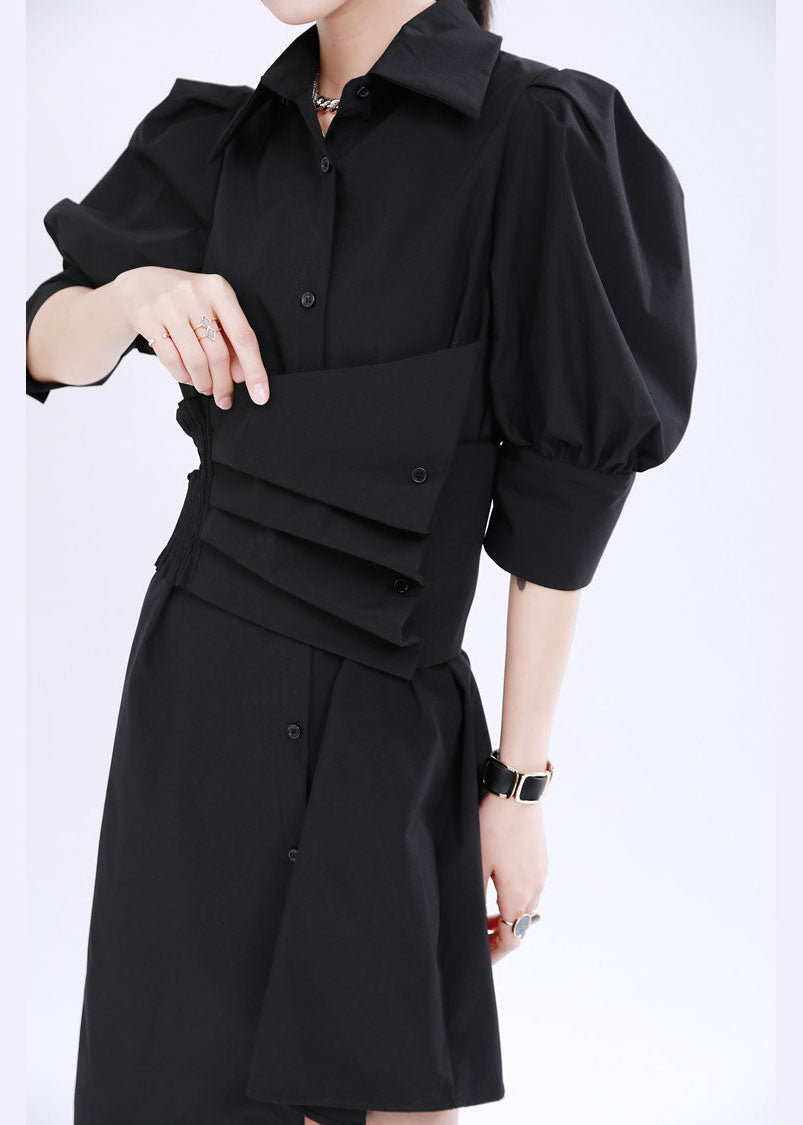 French Black Asymmetrical Design Color Cotton Shirt Dress Lantern Sleeve