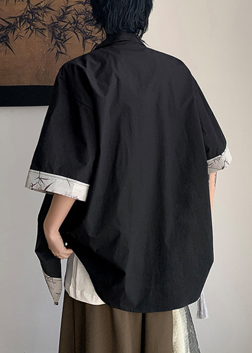 French Black Button Print Patchwork Cotton Shirt Summer