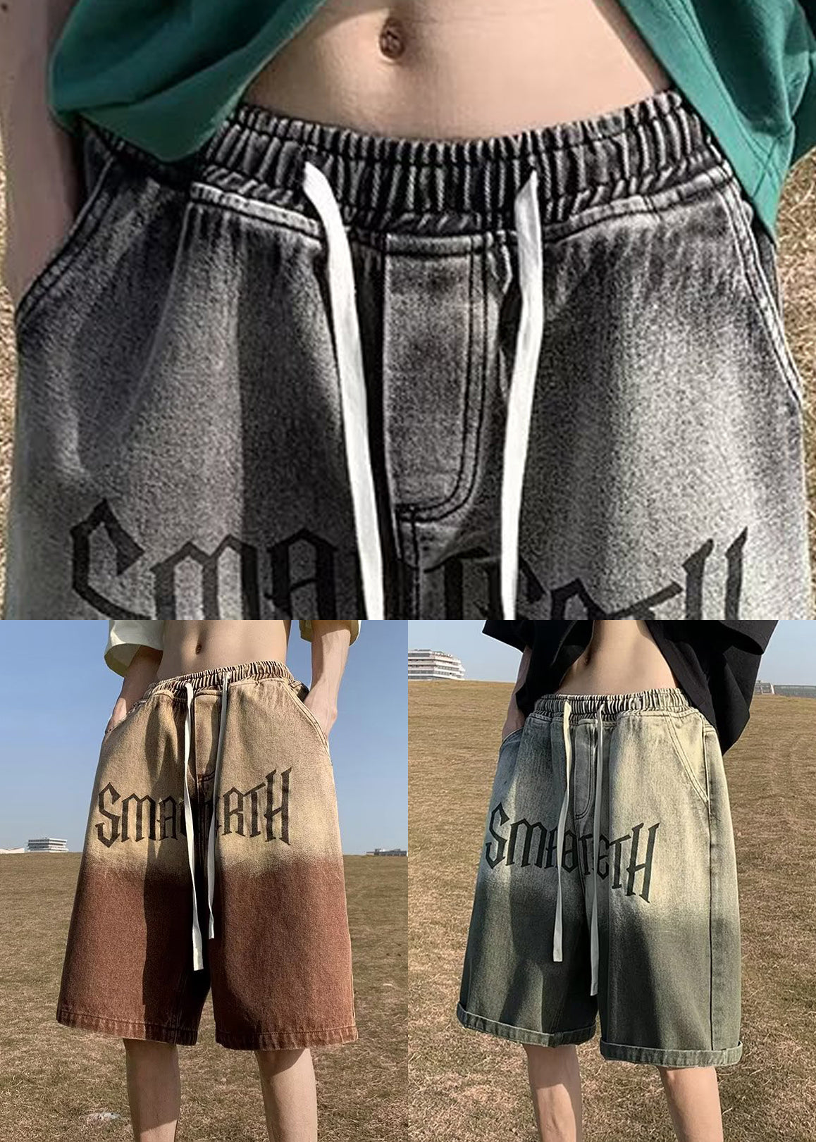 French Black Gradient Color Print Denim Elastic Waist Pockets Shorts