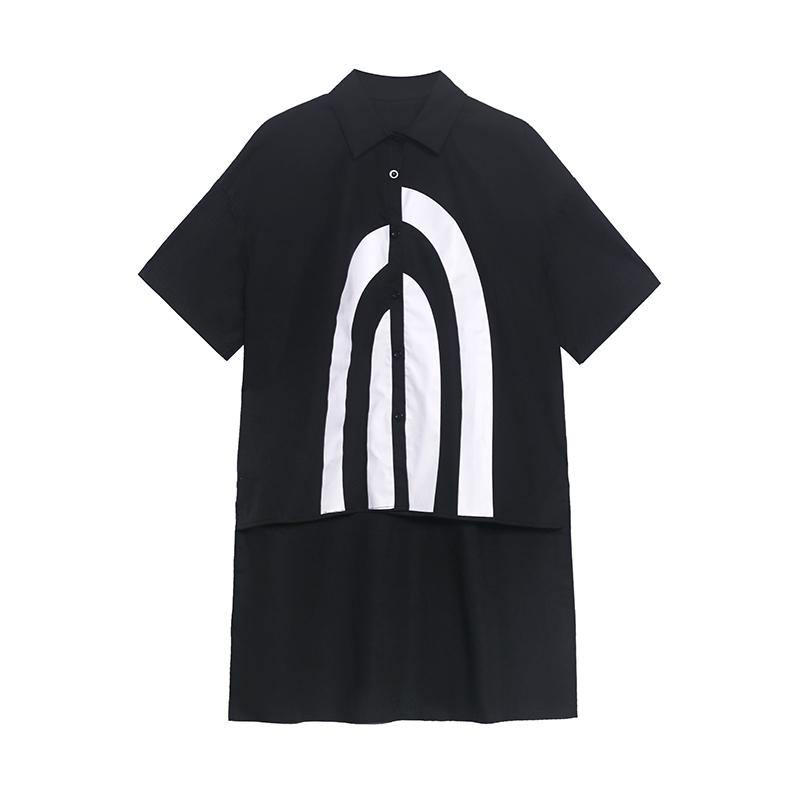 French Black Graphic Buttonlow High Design Shirt Top