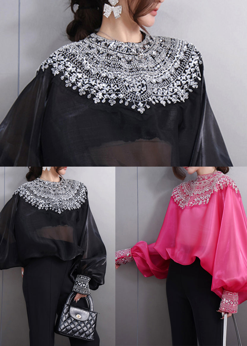 French Black Oversized Ice Silk Shirt Top Batwing Sleeve