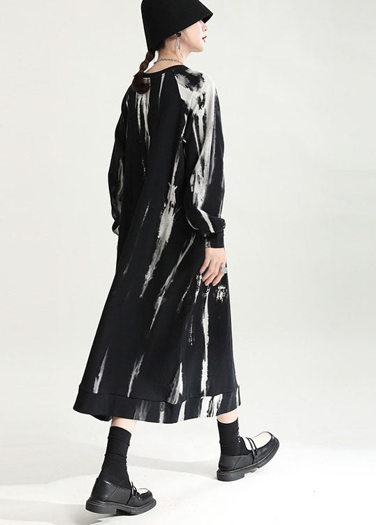 French Black Oversized Tie Dye Cotton Pullover Dress Fall