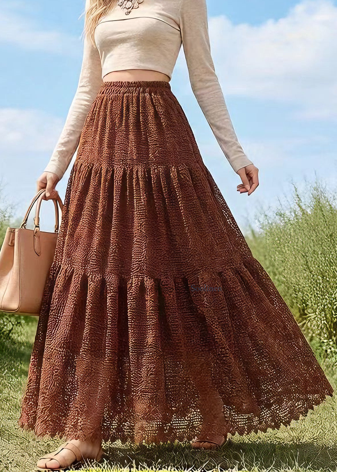 French Coffee Wrinkled Patchwork Hollow Out Lace Skirts Spring