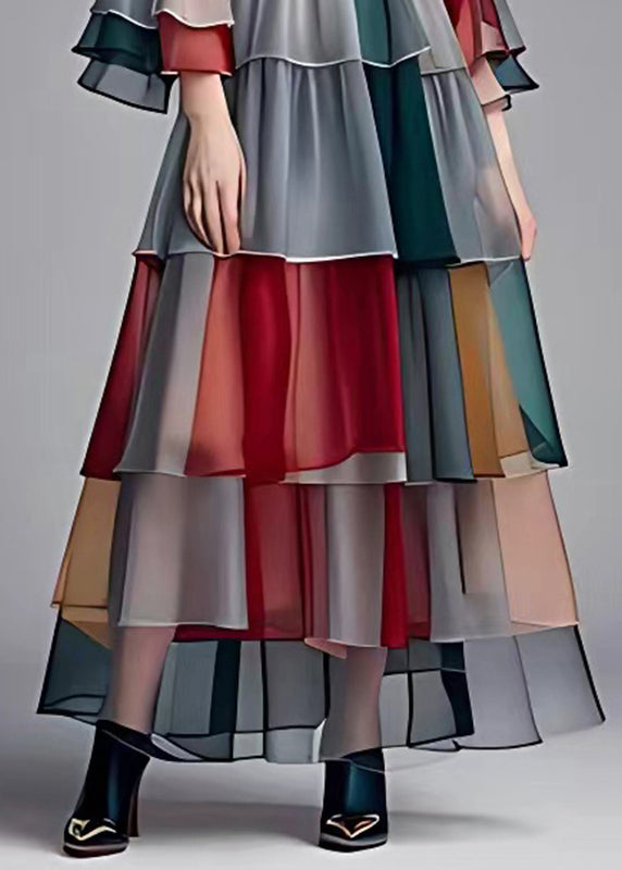 French Colorblock O-neck Sashes Chiffon Maxi Dress Flare Sleeve