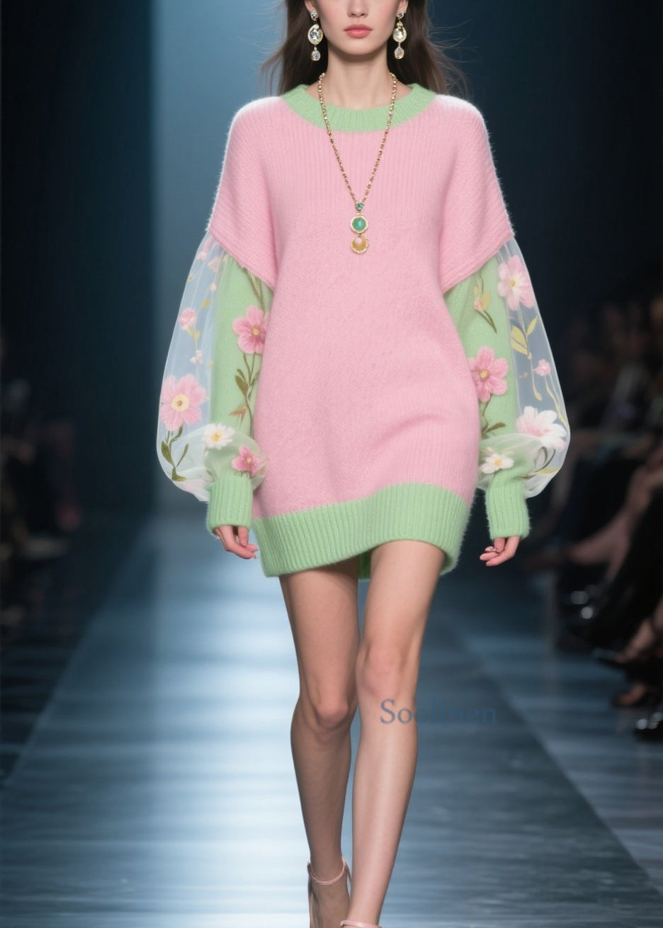French Colorblock Tulle Patchwork Knit Sweater Dress Winter