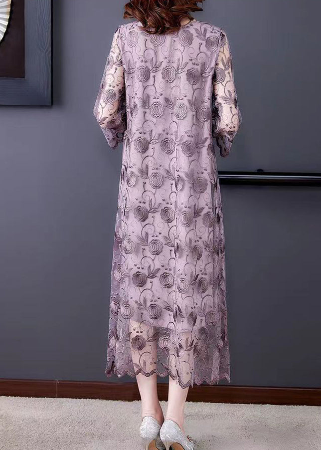 French Grey Purple O-neck Embroideried Tulle Dresses Three Quarter Sleeve