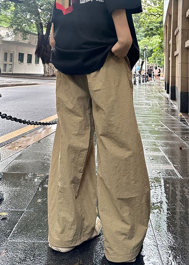 French Khaki Striped Elastic Waist Thin Cotton Pants Summer