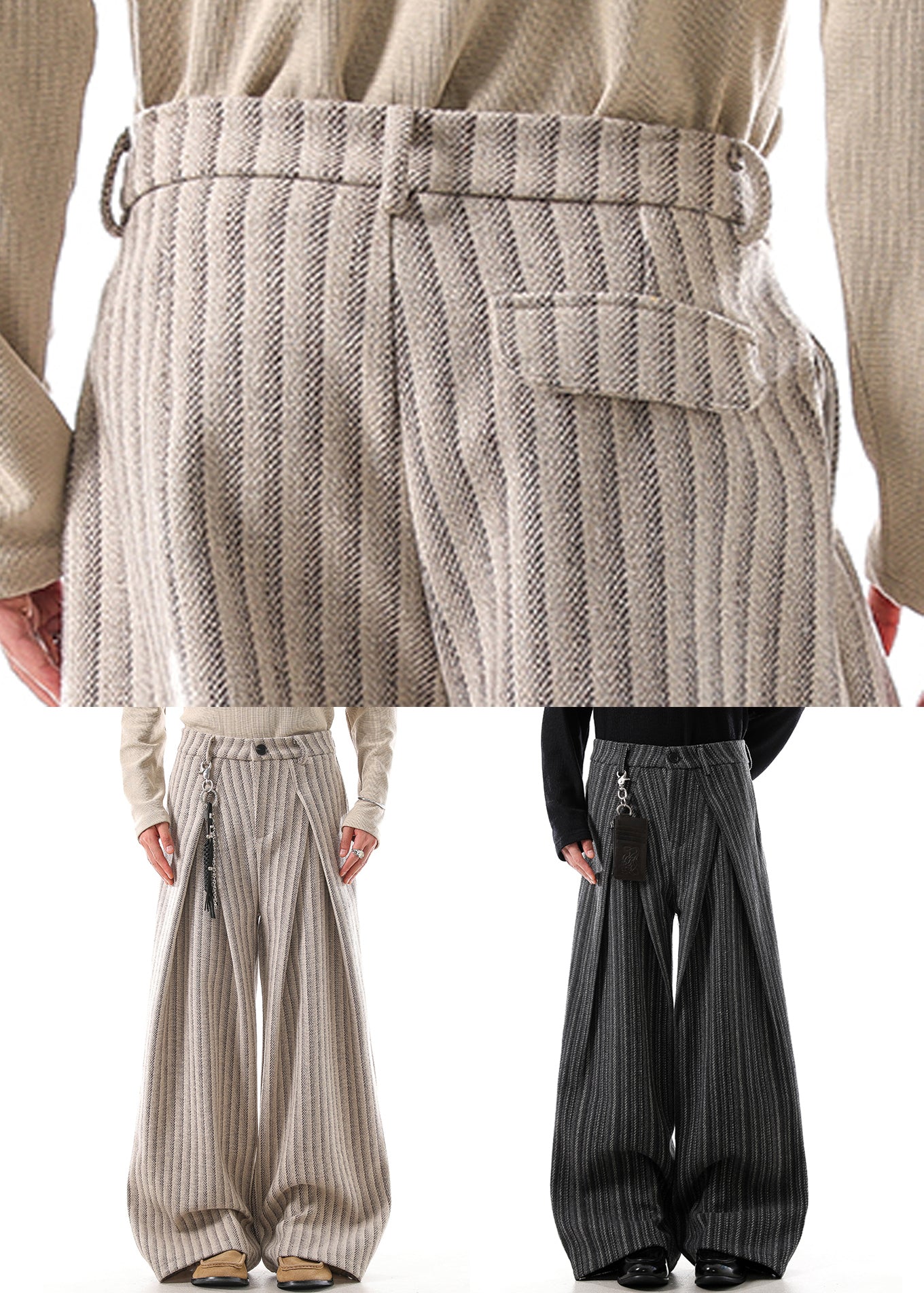 French Khaki Striped Pockets High Waist Woolen Pants Fall