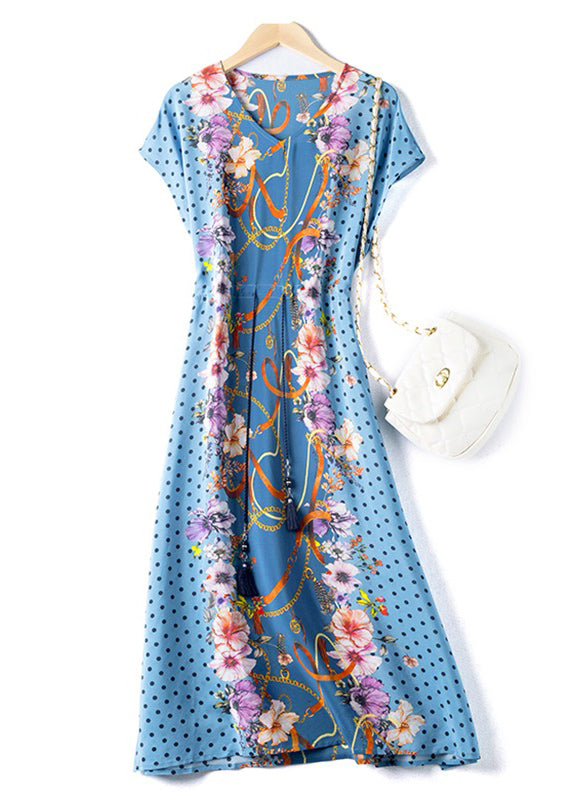 French Light Blue O-neck Print Drawstring Silk Holiday Dresses Short Sleeve