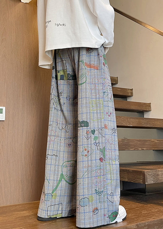 French Light Blue Print Pockets High Waist Cotton Pants Fall