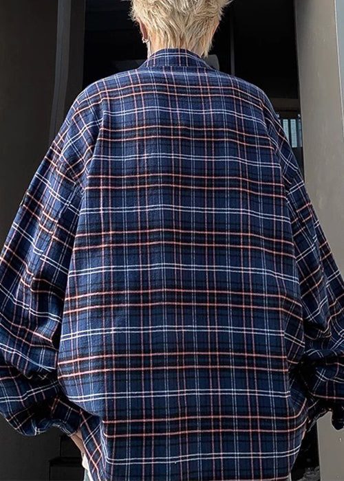 French Navy Plaid Pockets Cotton Shirt Men Spring