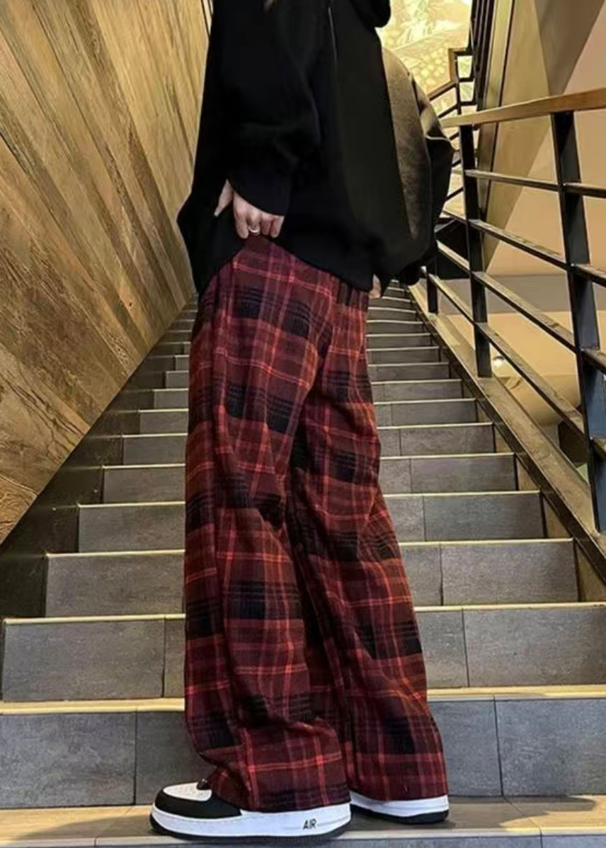 French Red Plaid Elastic Waist Warm Fleece Pants Spring