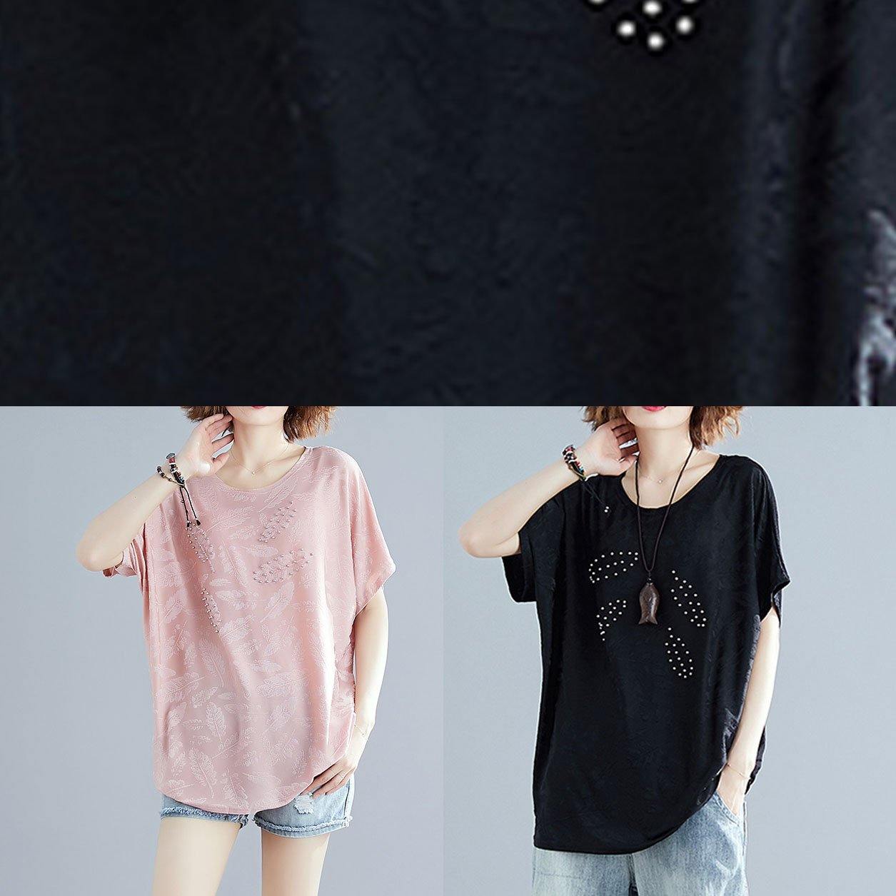 French Black Blended Crane Tops O Neck Loose Summer Tops