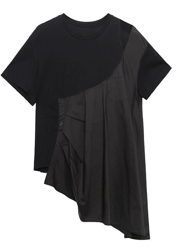 French Black Cotton Tunic Top O Neck Patchwork Baggy Shirts
