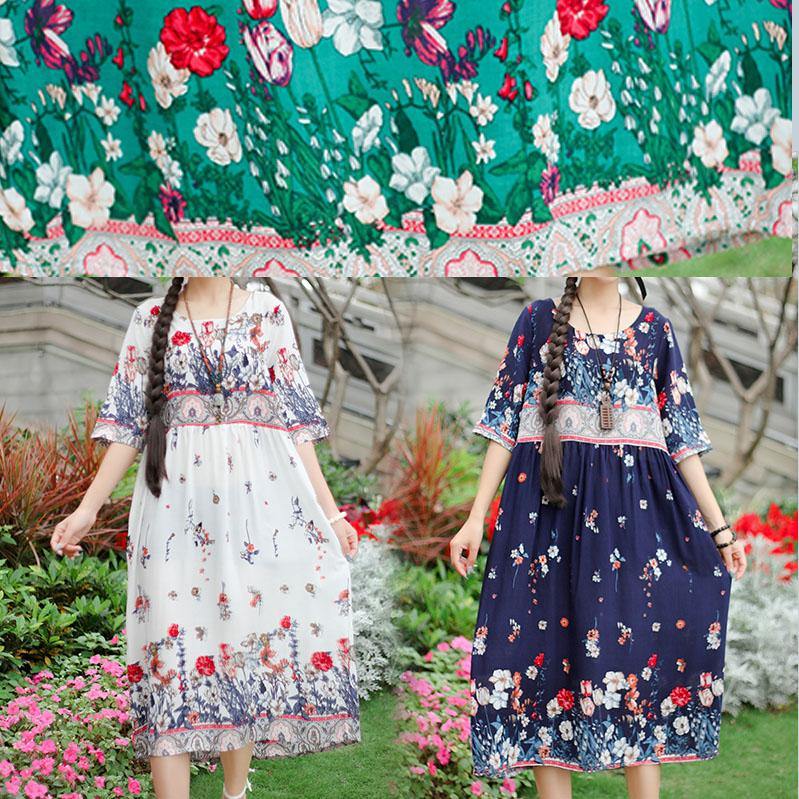 French Green Print Cotton O Neck Half Sleeve Loose Summer Dresses